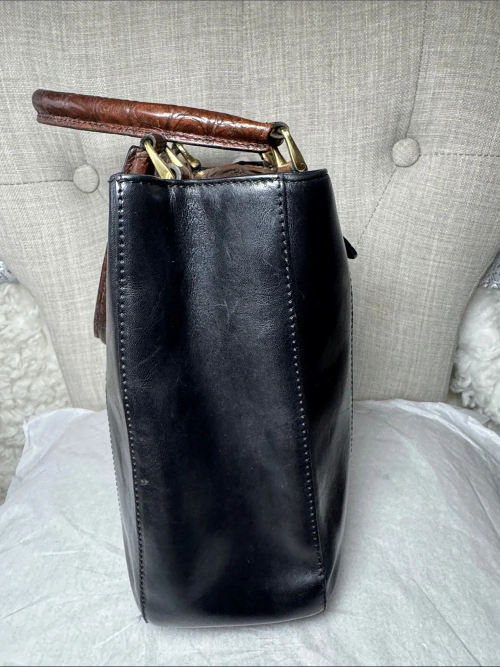 Brahmin Brown Croc-Embossed Leather Satchel with Black Panels vantage
